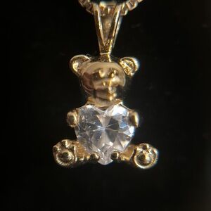 Teddy Bear w/CZ Heart pendant on box chain necklace 925 Italy sterling silver